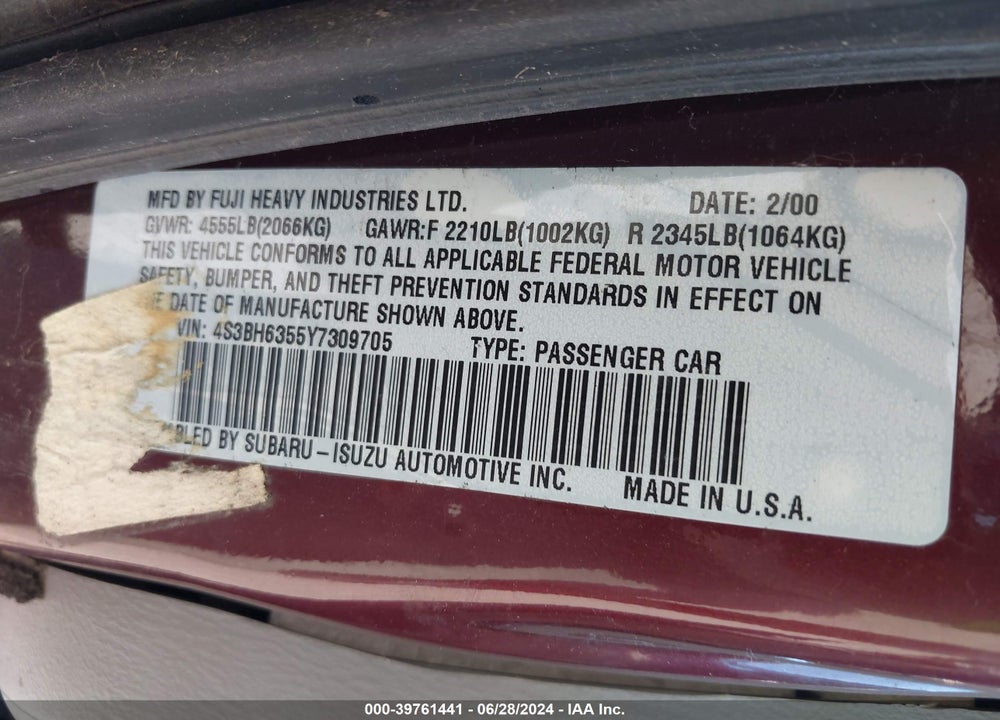 2000 SUBARU LEGACY L VIN: 4S3BH6355Y7309705