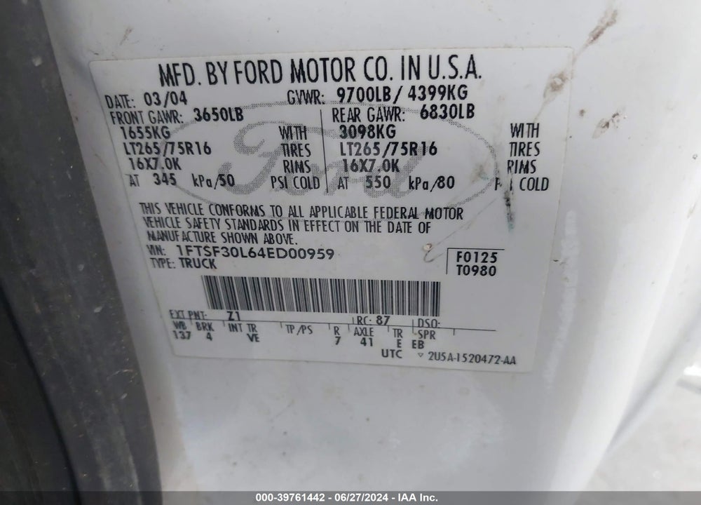 2004 FORD F-350 XL/XLT VIN: 1FTSF30L64ED00959