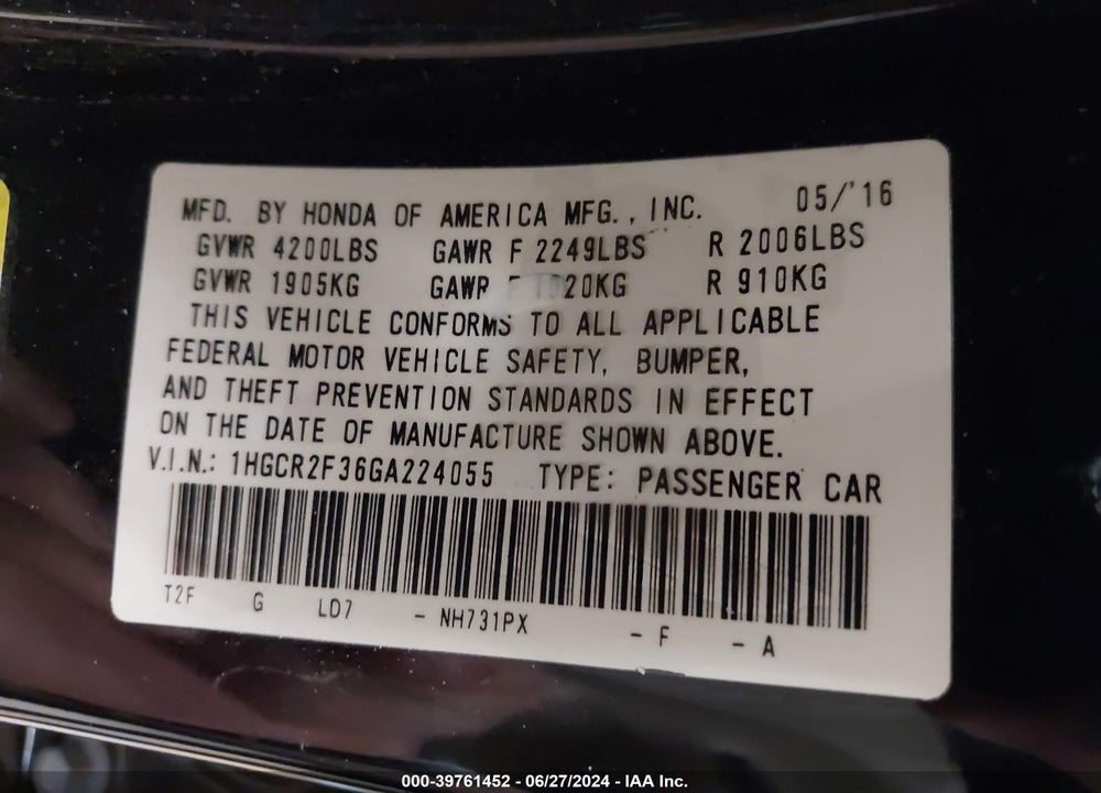2016 HONDA ACCORD LX VIN: 1HGCR2F36GA224055
