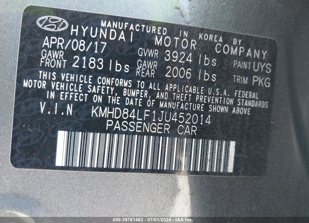 2018 HYUNDAI ELANTRA VALUE EDITION VIN: KMHD84LF1JU452014