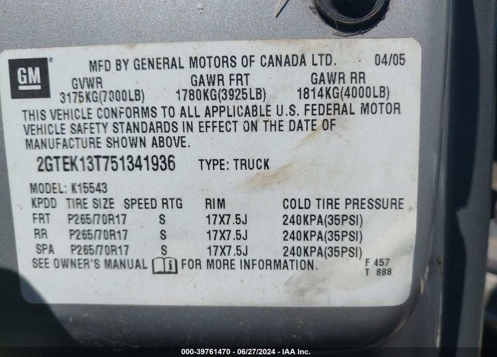 2005 GMC SIERRA 1500 SLT VIN: 2GTEK13T751341936