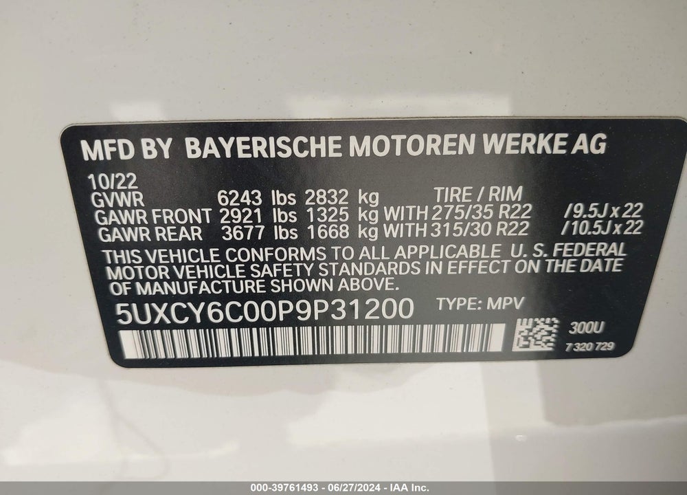 2023 BMW X6 XDRIVE40I VIN: 5UXCY6C00P9P31200