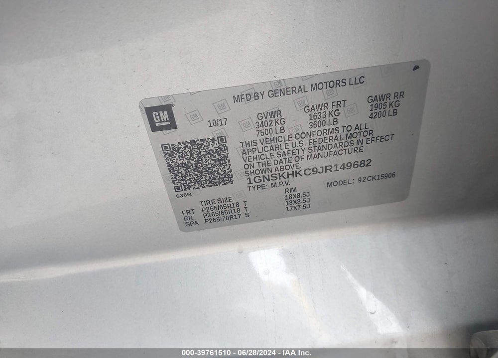 2018 CHEVROLET SUBURBAN VIN: 1GNSKHKC9JR149682