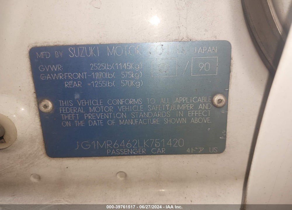 1990 GEO METRO VIN: JG1MR6462LK751420