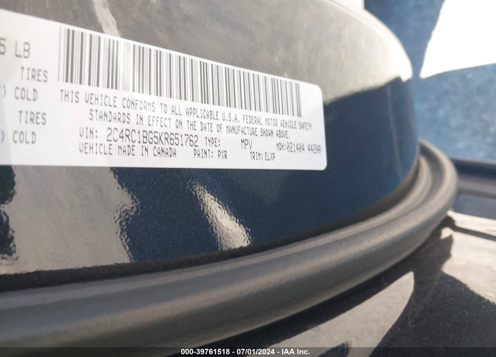2019 CHRYSLER PACIFICA TOURING L VIN: 2C4RC1BG5KR651762