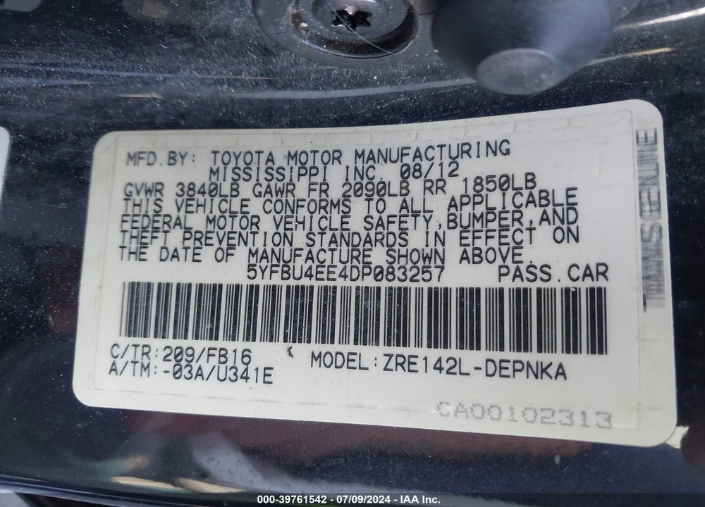 2013 TOYOTA COROLLA LE VIN: 5YFBU4EE4DP083257