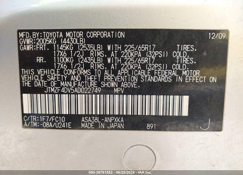 2010 TOYOTA RAV4 VIN: JTMZF4DV5AD022749