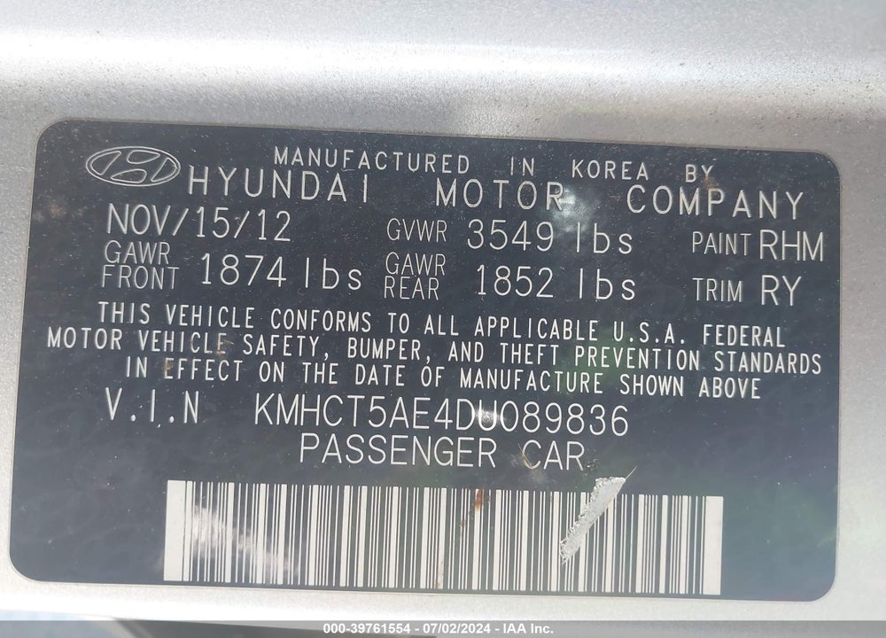 2013 HYUNDAI ACCENT GS VIN: KMHCT5AE4DU089836