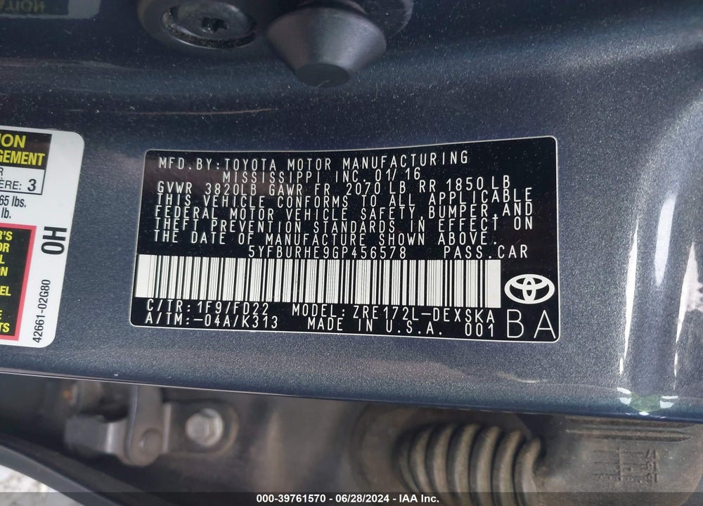 2016 TOYOTA COROLLA S PLUS VIN: 5YFBURHE9GP456578