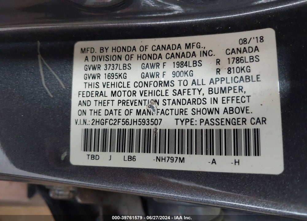 2018 HONDA CIVIC LX VIN: 2HGFC2F56JH593507