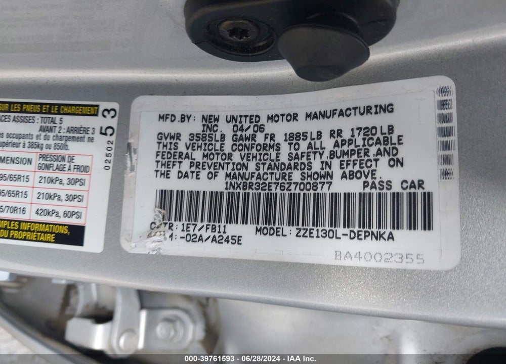2006 TOYOTA COROLLA LE VIN: 1NXBR32E76Z700877