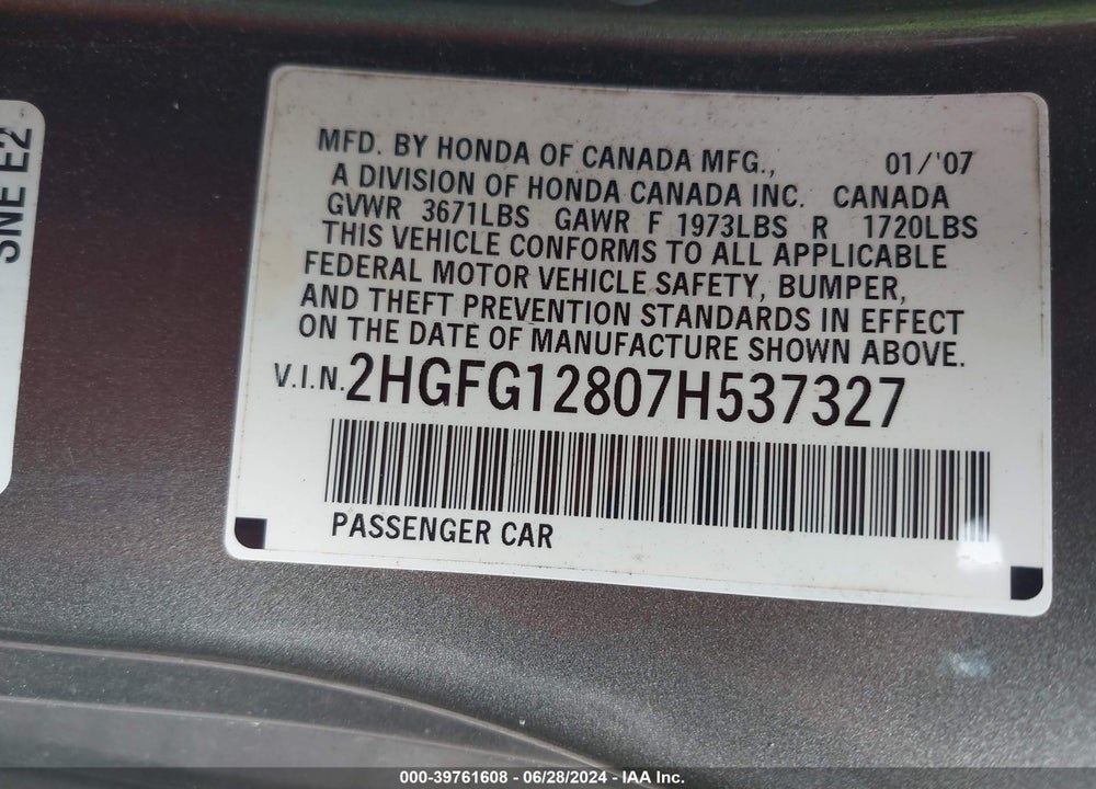 2007 HONDA CIVIC EX VIN: 2HGFG12807H537327