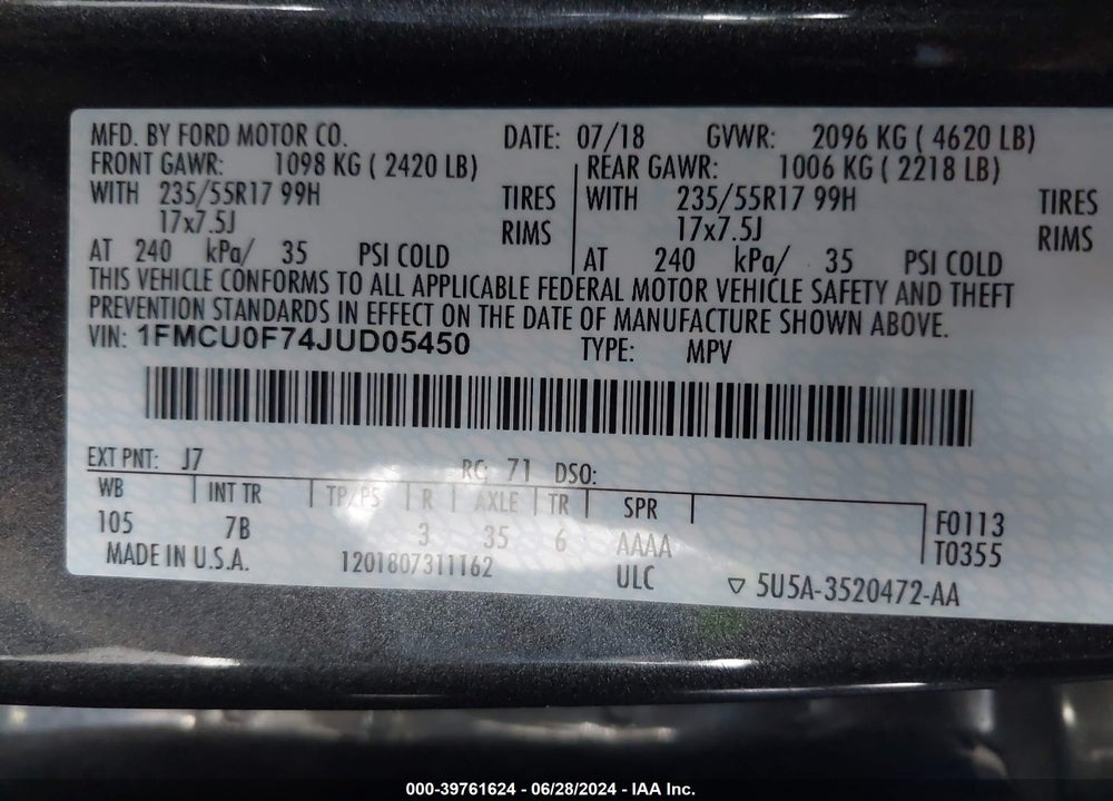 2018 FORD ESCAPE S VIN: 1FMCU0F74JUD05450