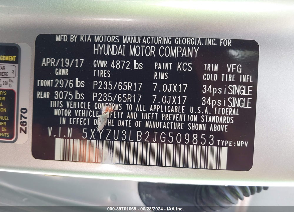 2018 HYUNDAI SANTA FE SPORT 2.4L VIN: 5XYZU3LB2JG509853