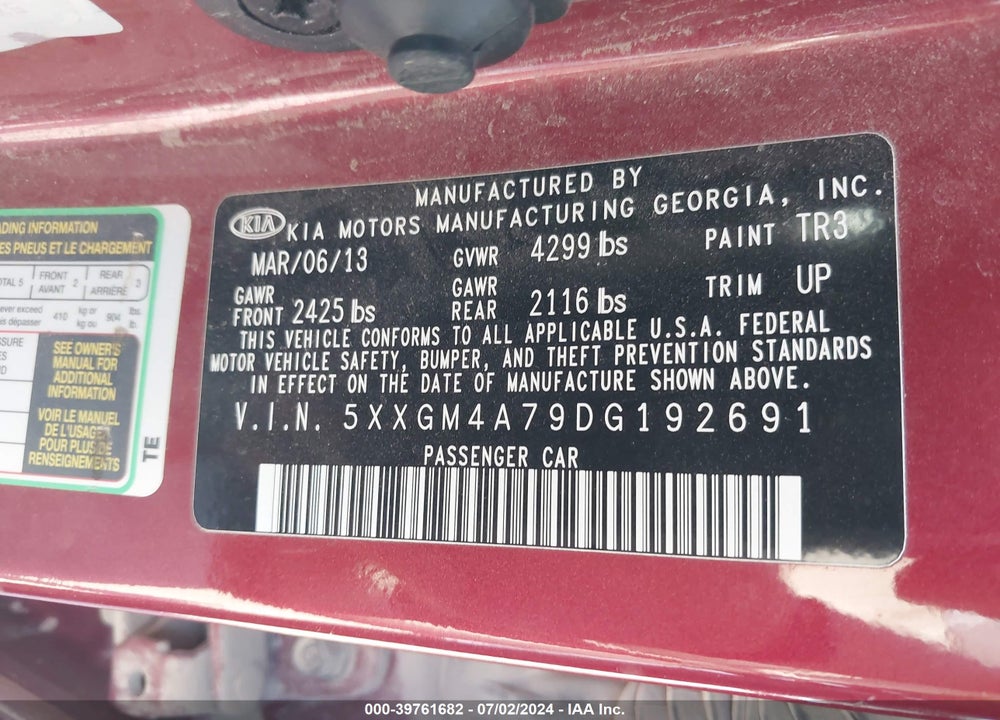 2013 KIA OPTIMA LX VIN: 5XXGM4A79DG192691