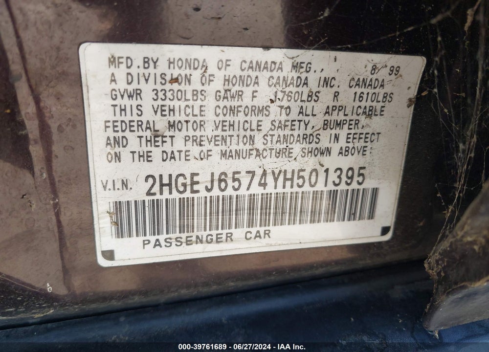 2000 HONDA CIVIC LX VIN: 2HGEJ6574YH501395