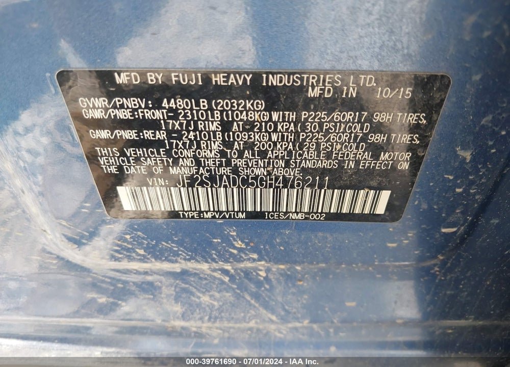 2016 SUBARU FORESTER VIN: JF2SJADC5GH476211