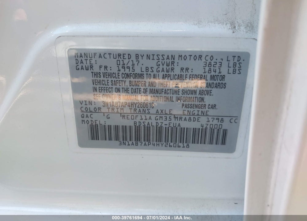 2017 NISSAN SENTRA SV VIN: 3N1AB7AP4HY260618