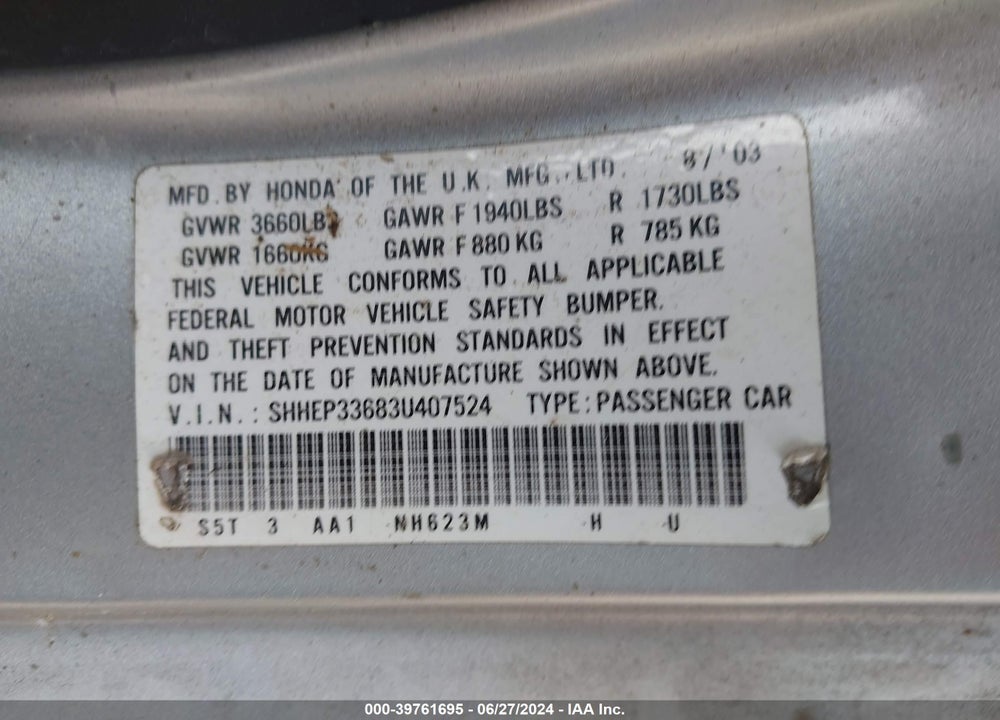 2003 HONDA CIVIC SI VIN: SHHEP33683U407524
