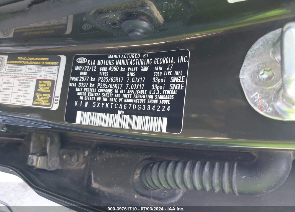 2013 KIA SORENTO LX VIN: 5XYKTCA67DG334224