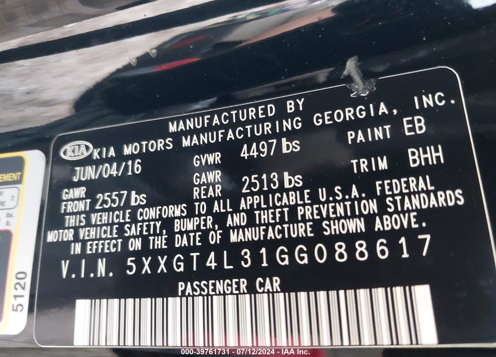 2016 KIA OPTIMA LX VIN: 5XXGT4L31GG088617