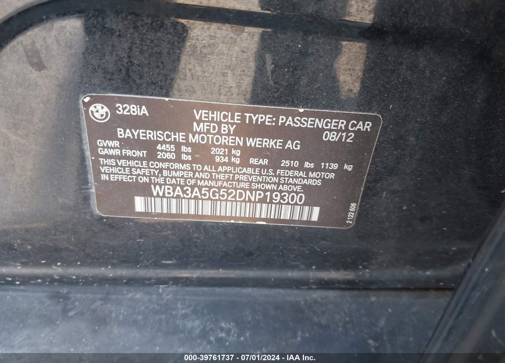 2013 BMW 328I VIN: WBA3A5G52DNP19300
