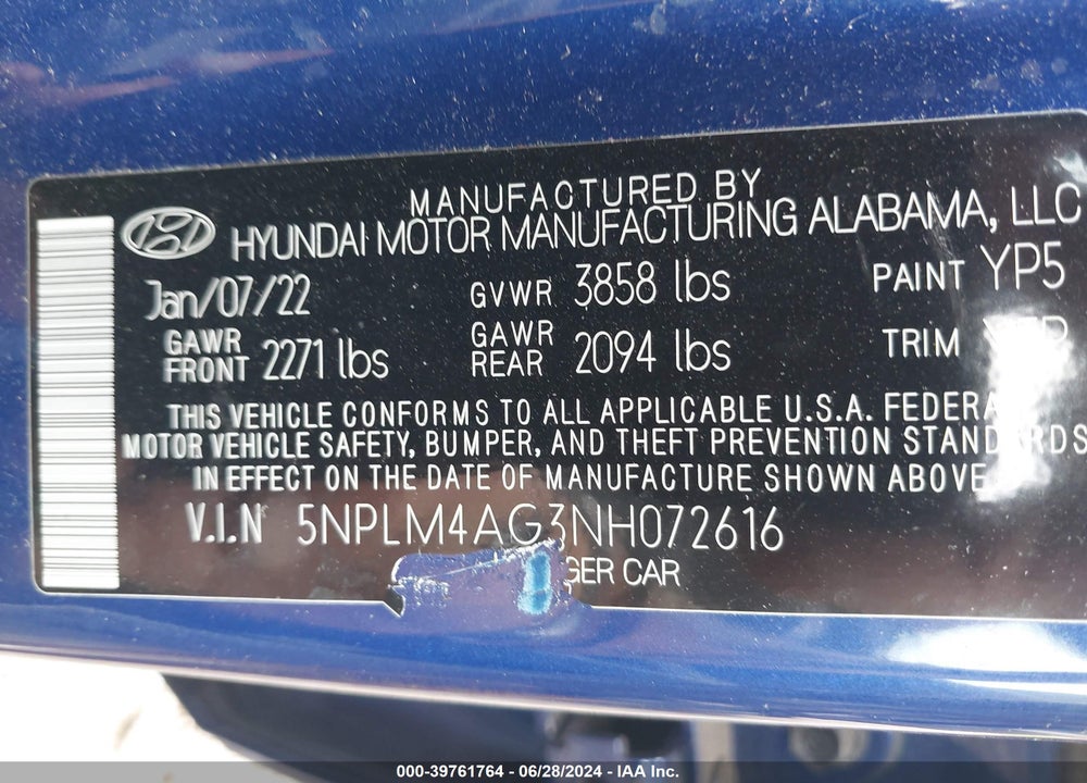 2022 HYUNDAI ELANTRA SEL VIN: 5NPLM4AG3NH072616