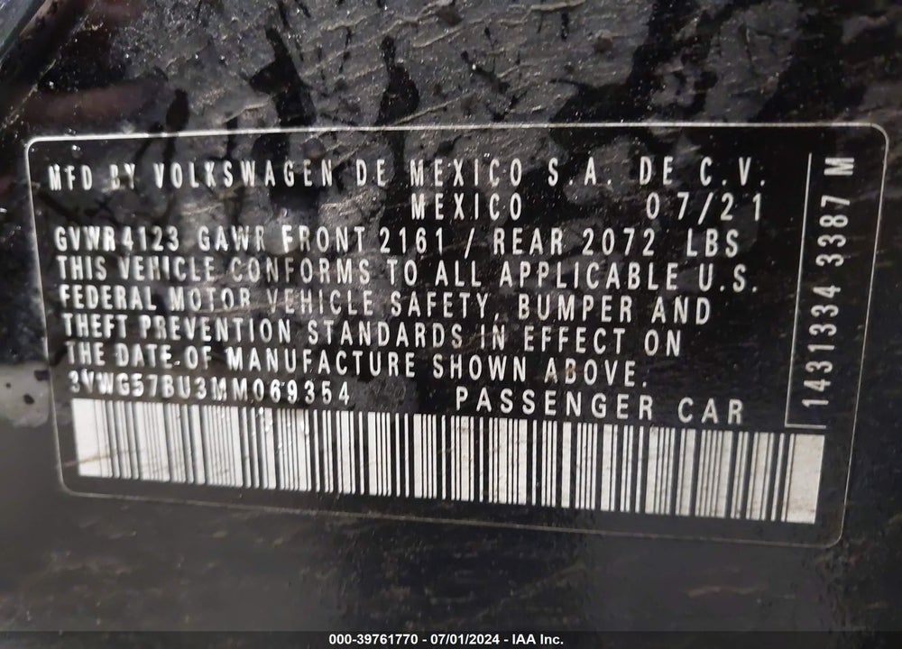 2021 VOLKSWAGEN JETTA 1.4T SEL PREMIUM VIN: 3VWG57BU3MM069354
