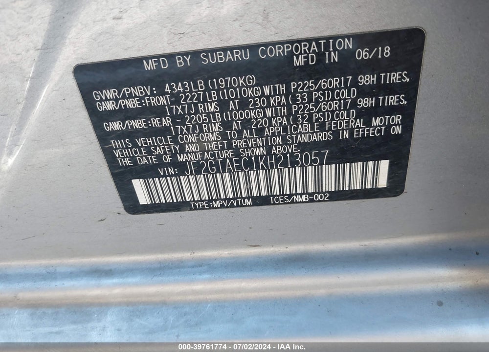 2019 SUBARU CROSSTREK 2.0I PREMIUM VIN: JF2GTAEC1KH213057