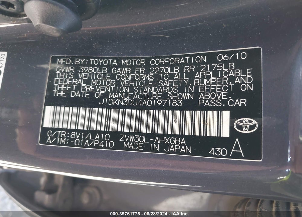 2010 TOYOTA PRIUS IV VIN: JTDKN3DU4A0197183
