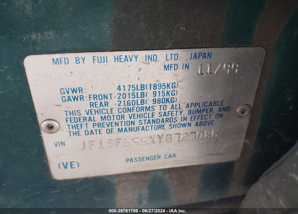 2000 SUBARU FORESTER S VIN: JF1SF655XYG727086
