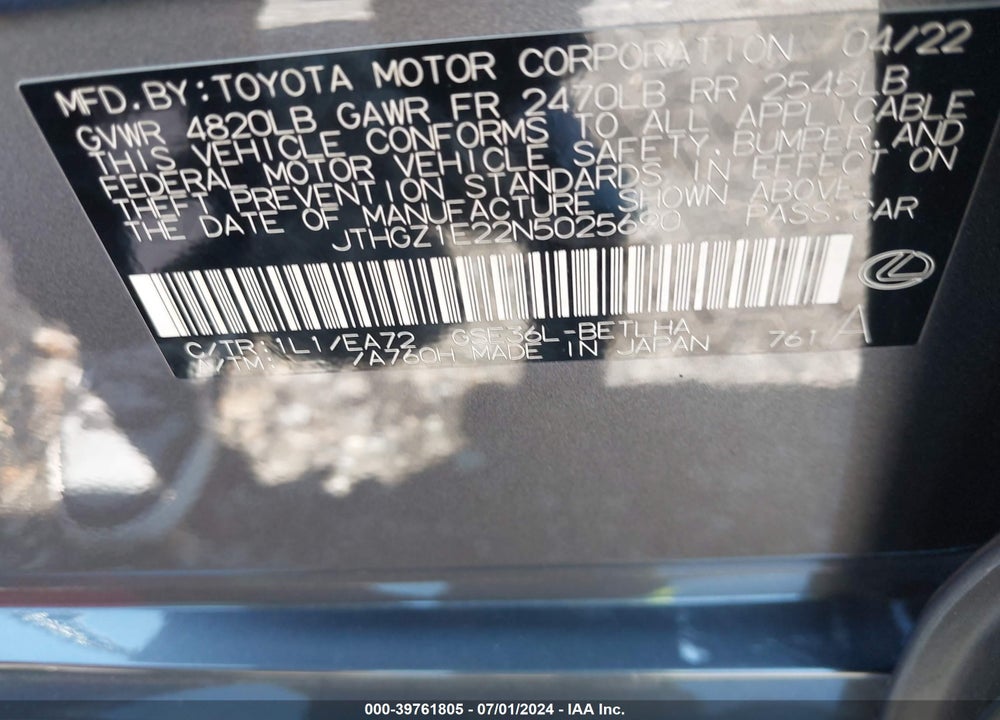 2022 LEXUS IS 350 F-SPORT VIN: JTHGZ1E22N5025690