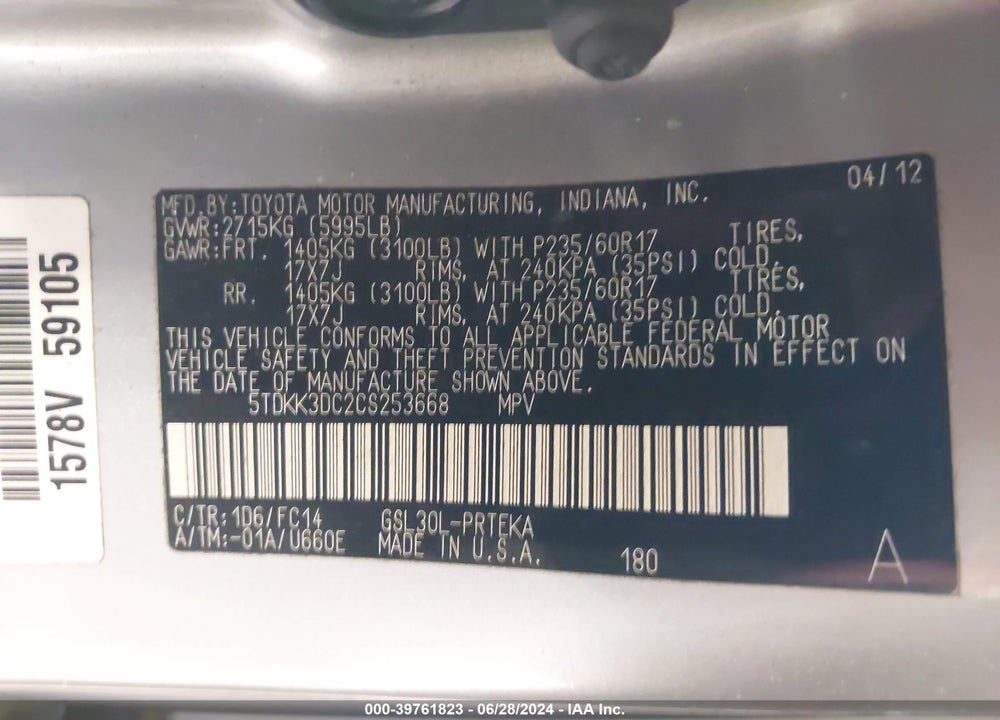 2012 TOYOTA SIENNA LE V6 8 PASSENGER VIN: 5TDKK3DC2CS253668