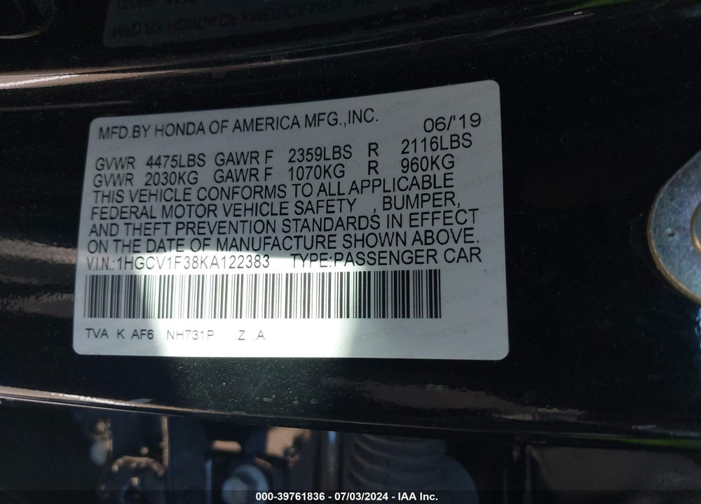 2019 HONDA ACCORD SPORT VIN: 1HGCV1F38KA122383