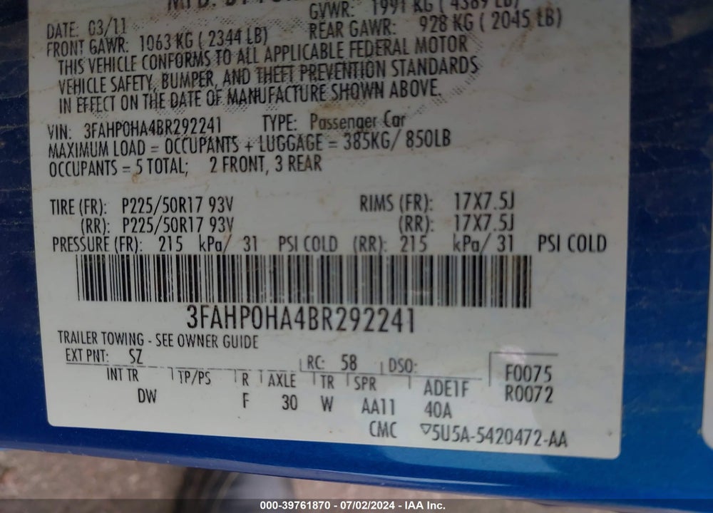 2011 FORD FUSION SE VIN: 3FAHP0HA4BR292241