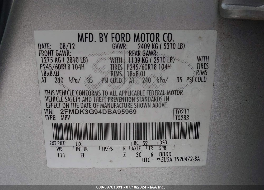 2013 FORD EDGE SE VIN: 2FMDK3G94DBA95969
