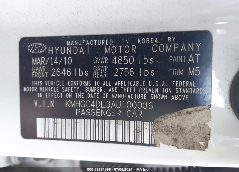 2010 HYUNDAI GENESIS 3.8 VIN: KMHGC4DE3AU100036