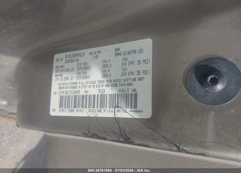 2007 DODGE RAM 1500 SLT VIN: 1D7HA18217S169458