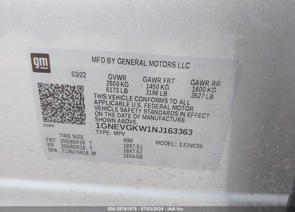 2022 CHEVROLET TRAVERSE AWD LT CLOTH VIN: 1GNEVGKW1NJ163363
