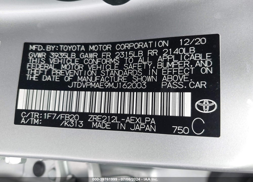 2021 TOYOTA COROLLA LE VIN: JTDVPMAE9MJ162003