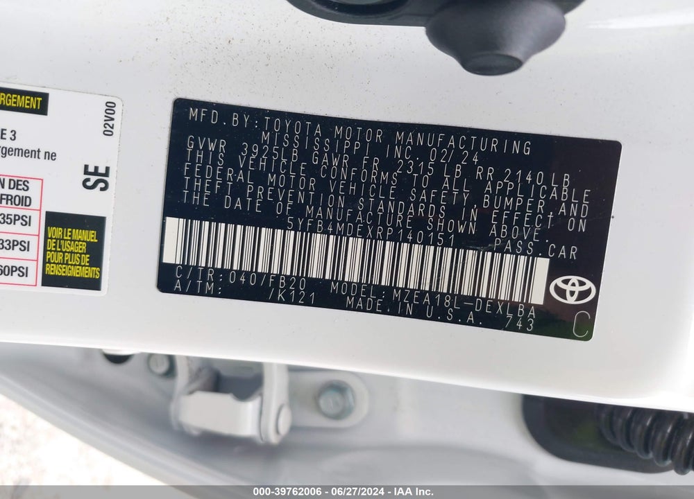 2024 TOYOTA COROLLA LE VIN: 5YFB4MDEXRP140151