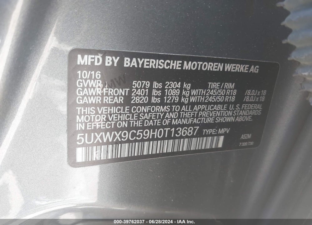2017 BMW X3 XDRIVE28I VIN: 5UXWX9C59H0T13687