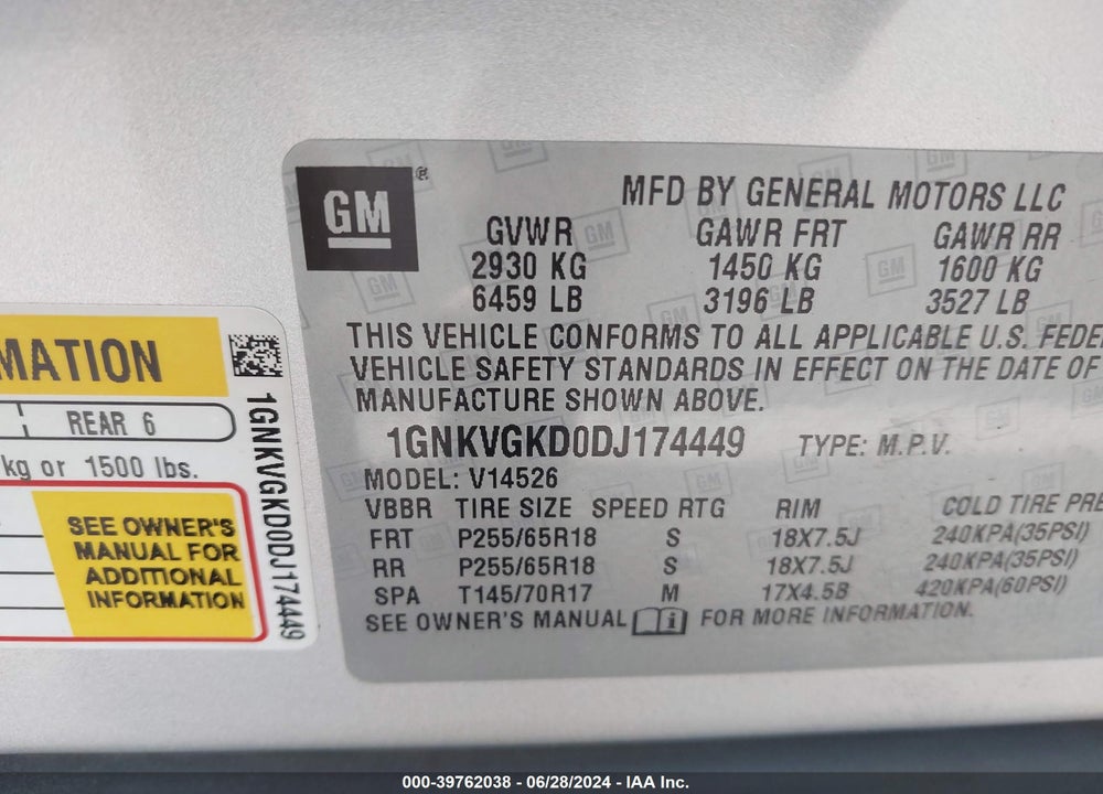 2013 CHEVROLET TRAVERSE 1LT VIN: 1GNKVGKD0DJ174449