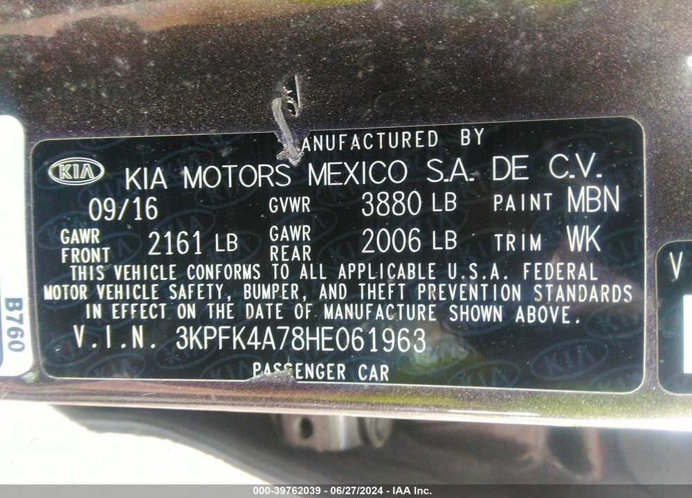 2017 KIA FORTE LX VIN: 3KPFK4A78HE061963