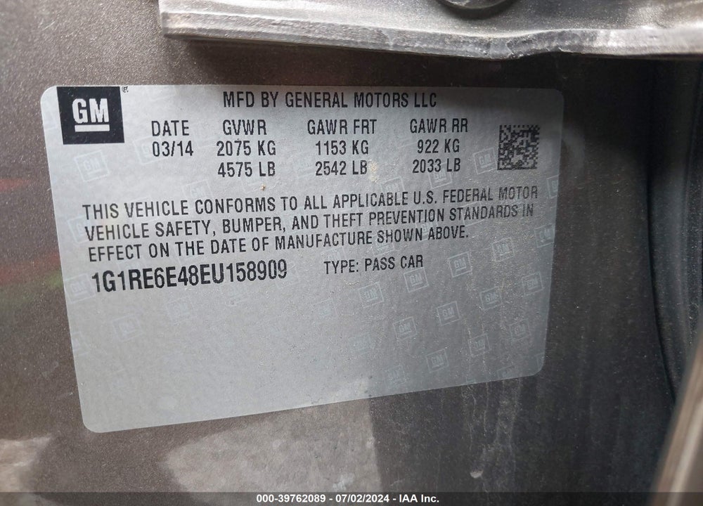 2014 CHEVROLET VOLT VIN: 1G1RE6E48EU158909
