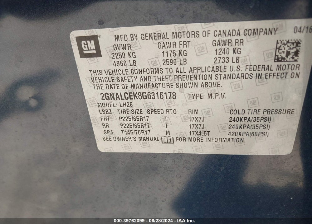 2016 CHEVROLET EQUINOX VIN: 2GNALCEK8G6316178