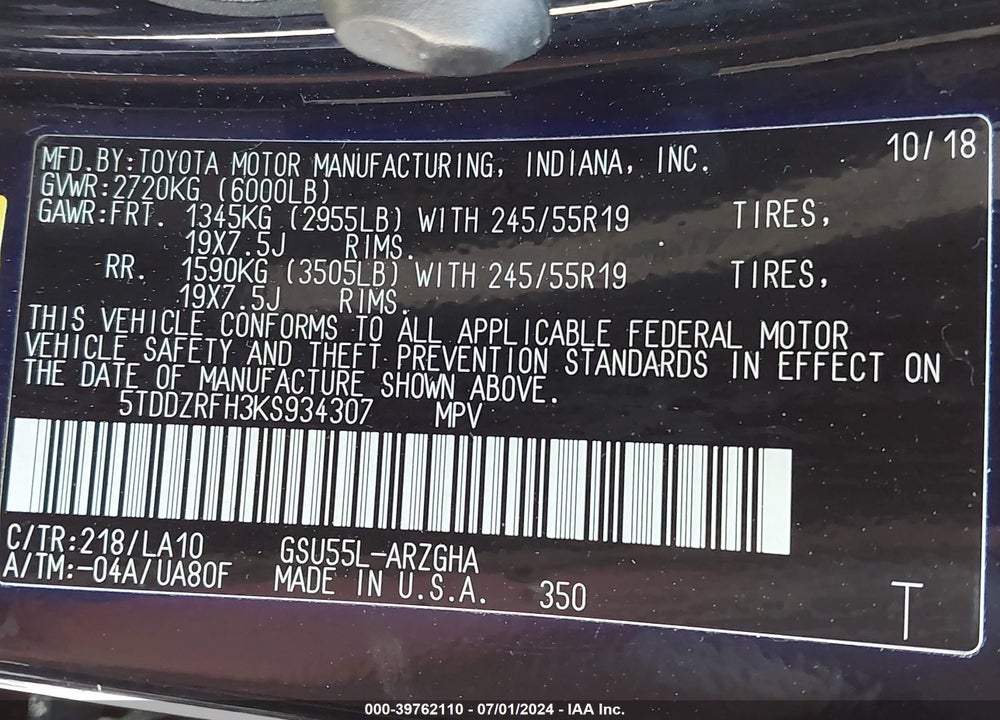 2019 TOYOTA HIGHLANDER LIMITED/PLATINUM VIN: 5TDDZRFH3KS934307