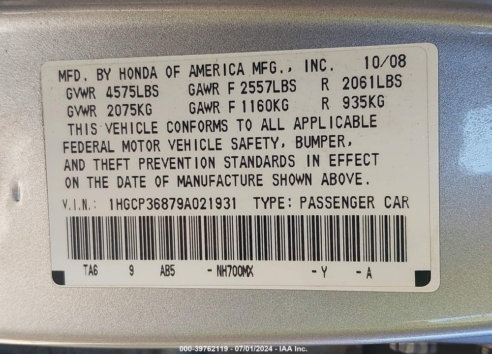2009 HONDA ACCORD 3.5 EX-L VIN: 1HGCP36879A021931