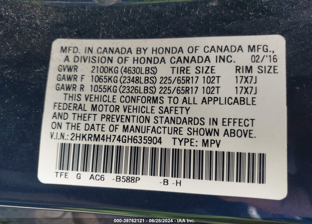 2016 HONDA CR-V EX-L VIN: 2HKRM4H74GH635904