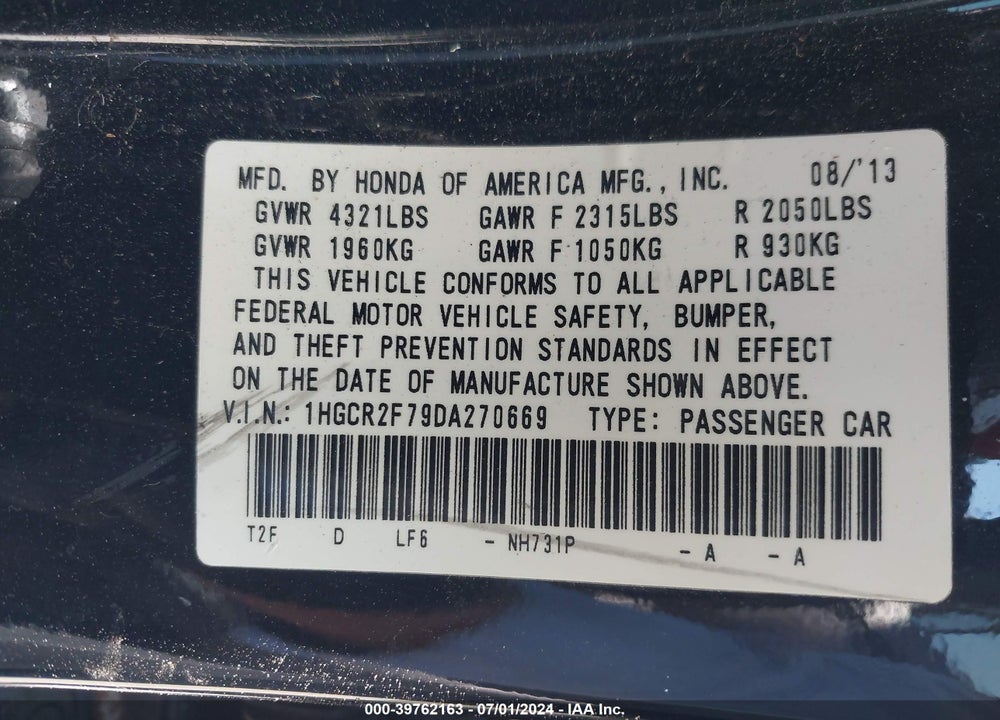 2013 HONDA ACCORD EX VIN: 1HGCR2F79DA270669